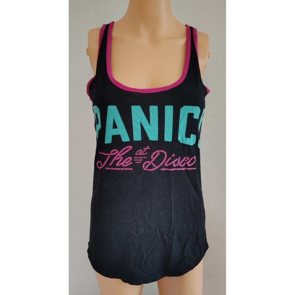 Panic! at the Disco Women's Black Racerback Graphic Tank Top Pink Trim